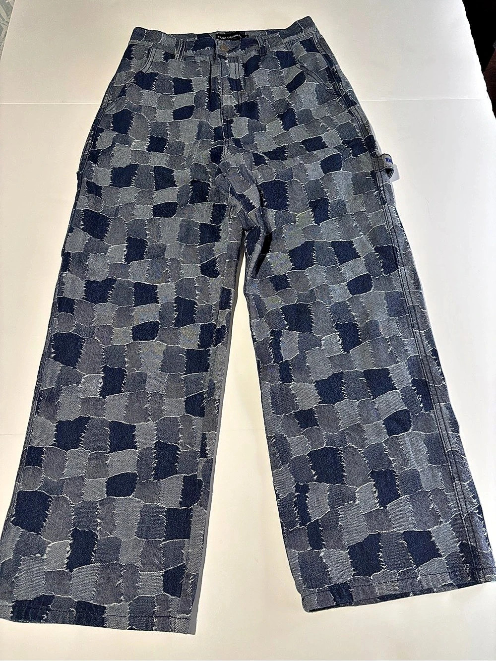 TAKA ORIGINAL Blue Patchwork Jacquard Wide Leg Jeans Hammer Loop - Small